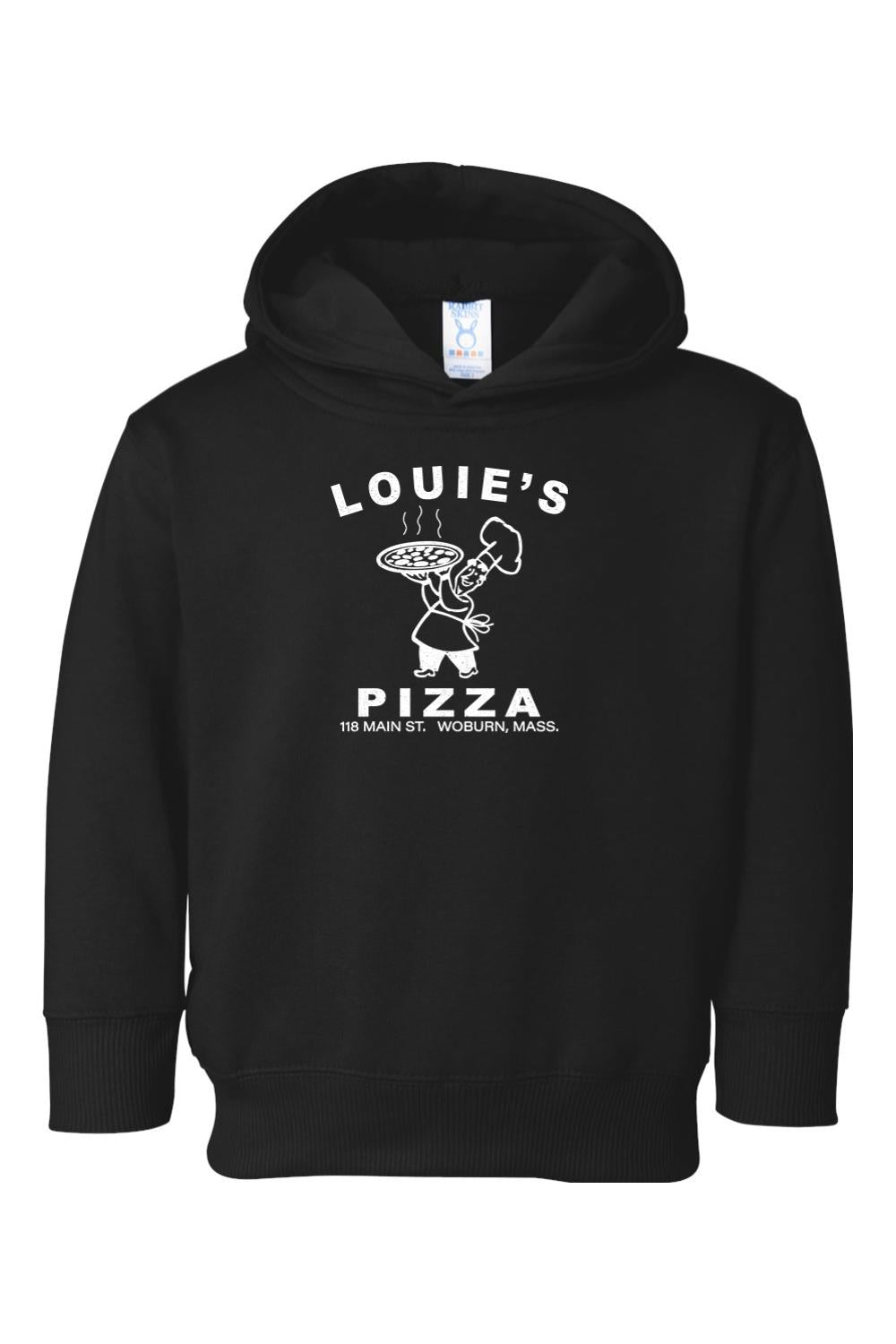 Black toddler hoodie featuring a white Louie's Pizza chef logo graphic on the front, made from soft cotton-poly blend.