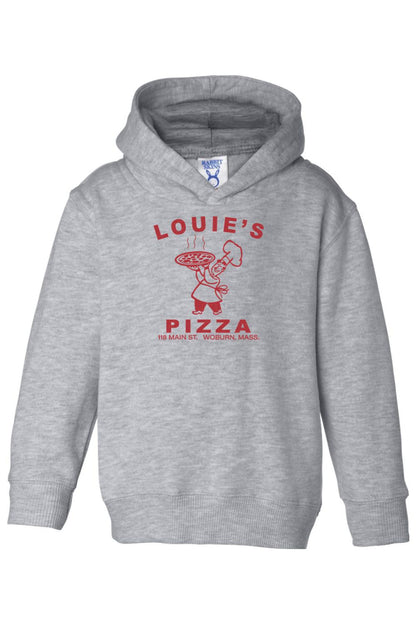 Grey toddler hoodie with a red Louie's Pizza chef logo, featuring long sleeves and a comfortable cotton-blend fabric.