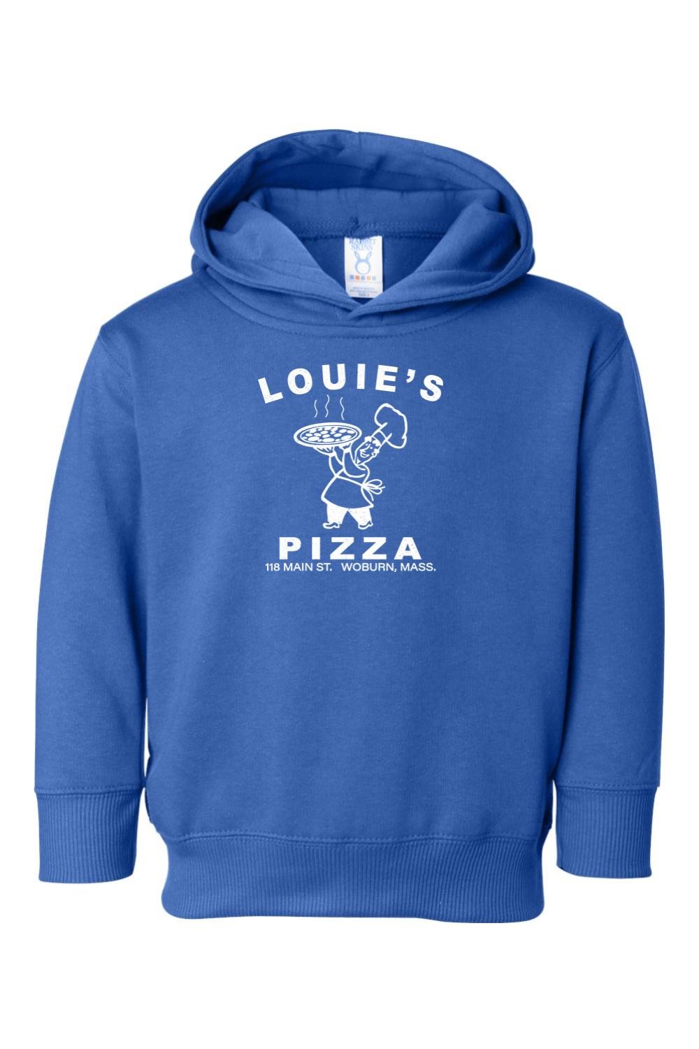 Royal blue toddler hoodie with white Louie's Pizza chef graphic, long sleeves, and a cozy hood.