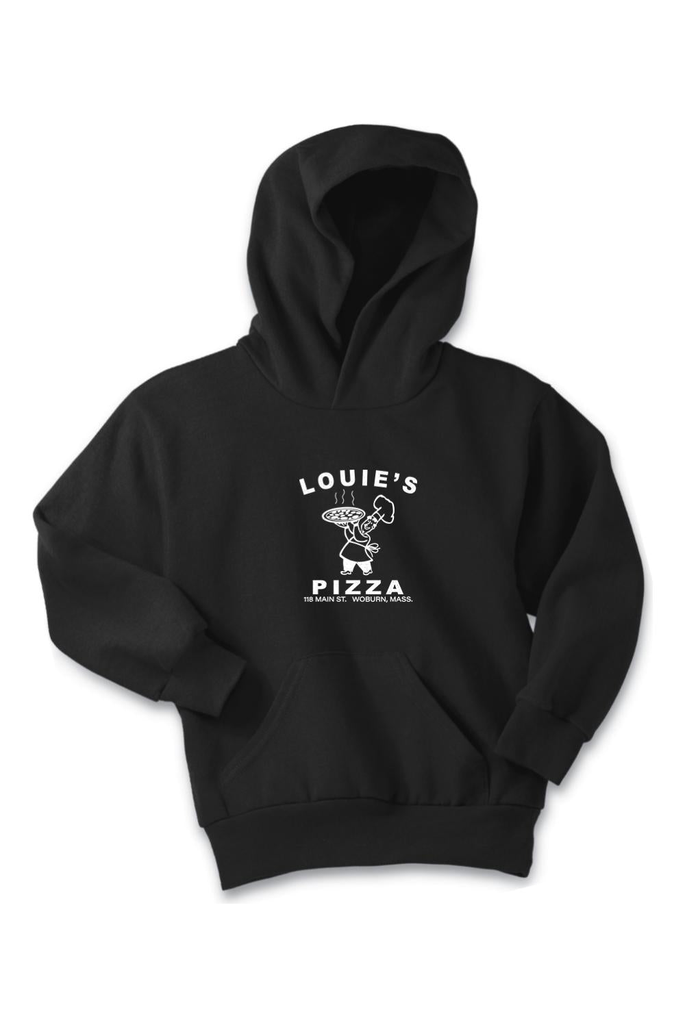 Black youth pullover hoodie featuring a white Louie's Pizza chef logo and text on the front.