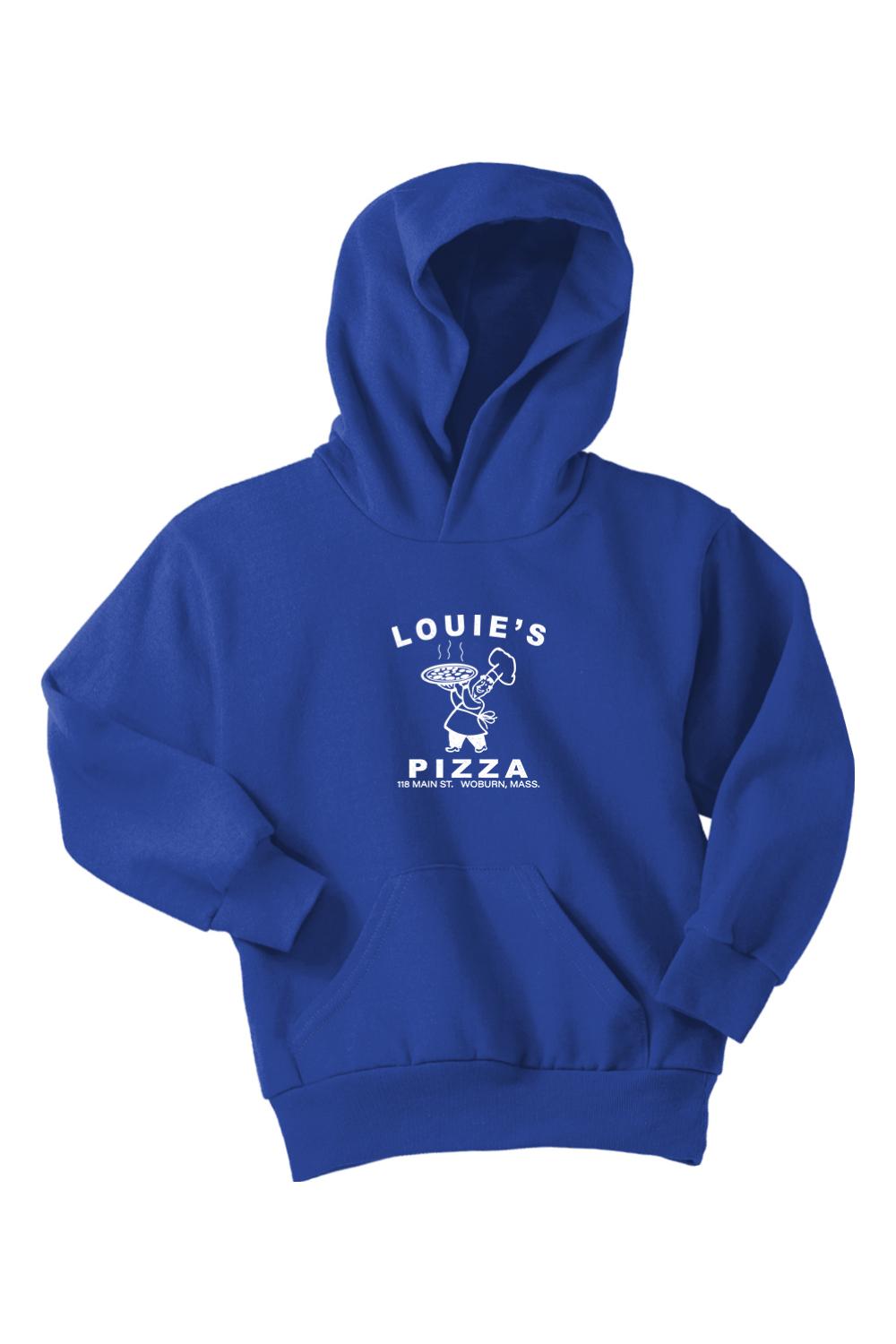 Royal blue youth pullover hoodie with white Louie's Pizza chef logo and front kangaroo pocket.