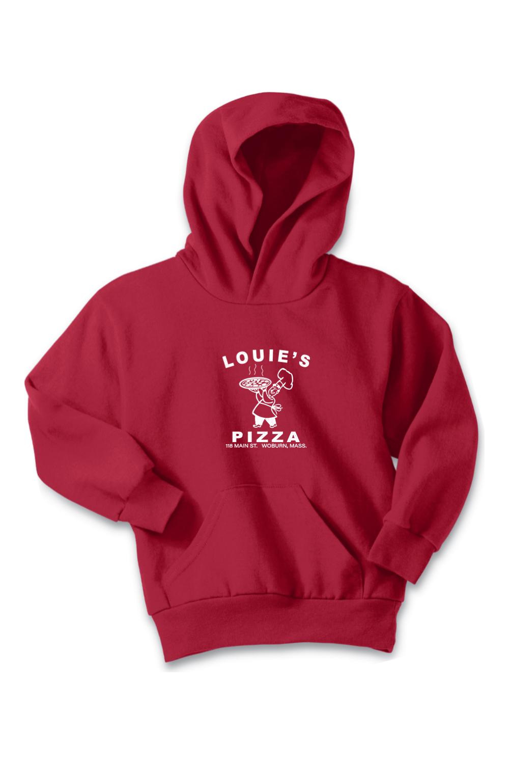 Red youth pullover hoodie featuring a white Louie's Pizza logo, front kangaroo pocket, and soft cotton-poly fleece.