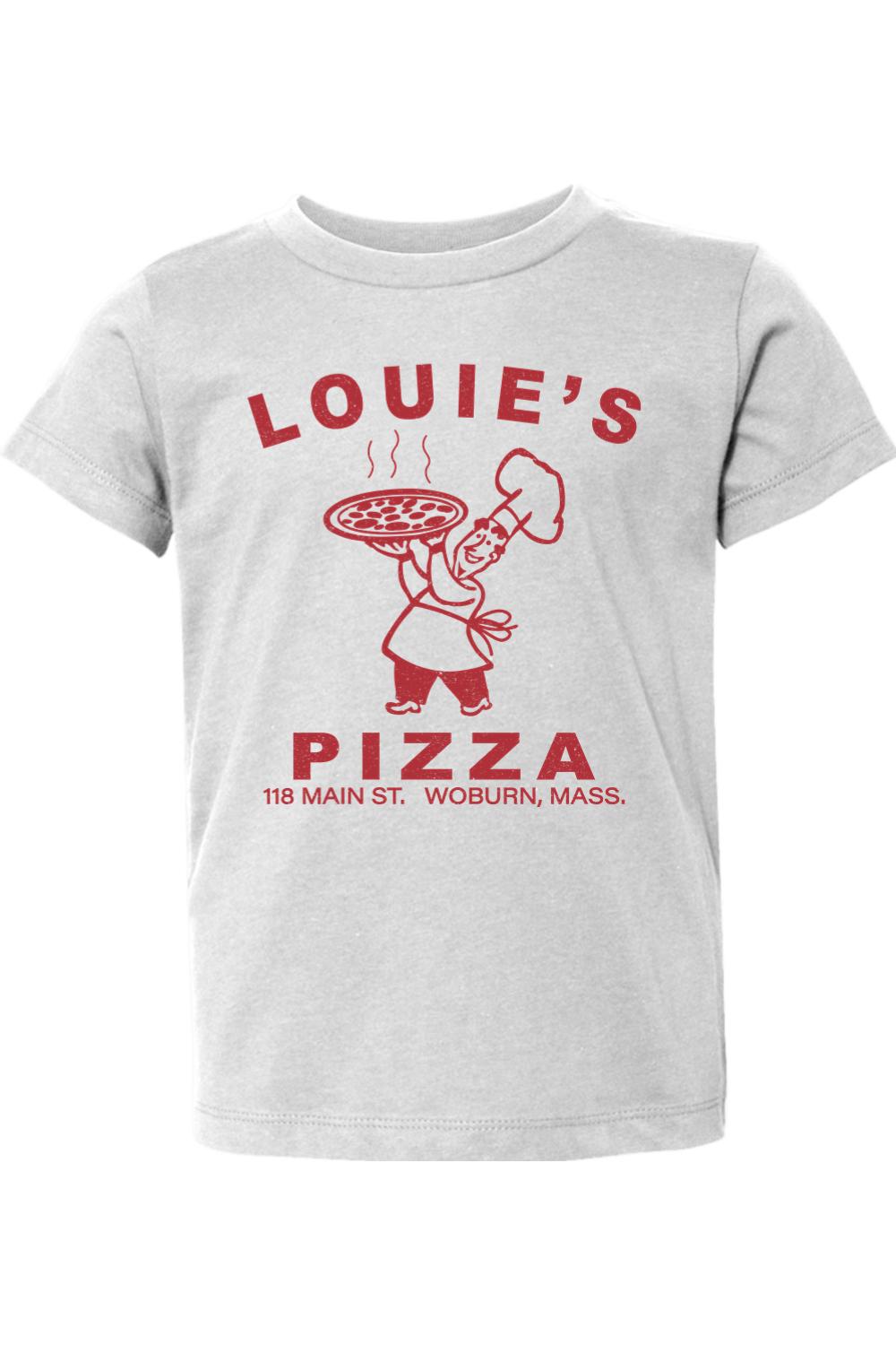 Light grey toddler t-shirt featuring a red Louie's Pizza chef graphic and text on soft, breathable cotton fabric.