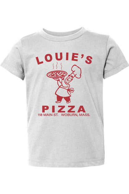 Light grey toddler t-shirt featuring a red Louie's Pizza chef graphic and text on soft, breathable cotton fabric.
