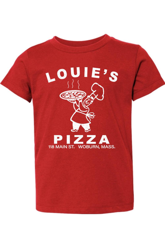 Red toddler t-shirt featuring a white Louie's Pizza graphic with a chef holding a pizza on soft cotton fabric.
