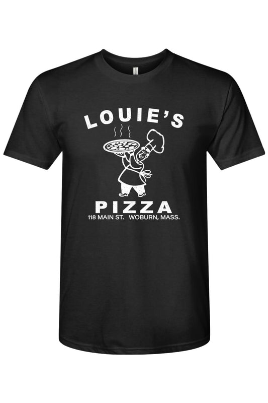 Black short-sleeve triblend t-shirt featuring a white Louie's Pizza chef graphic on the chest.