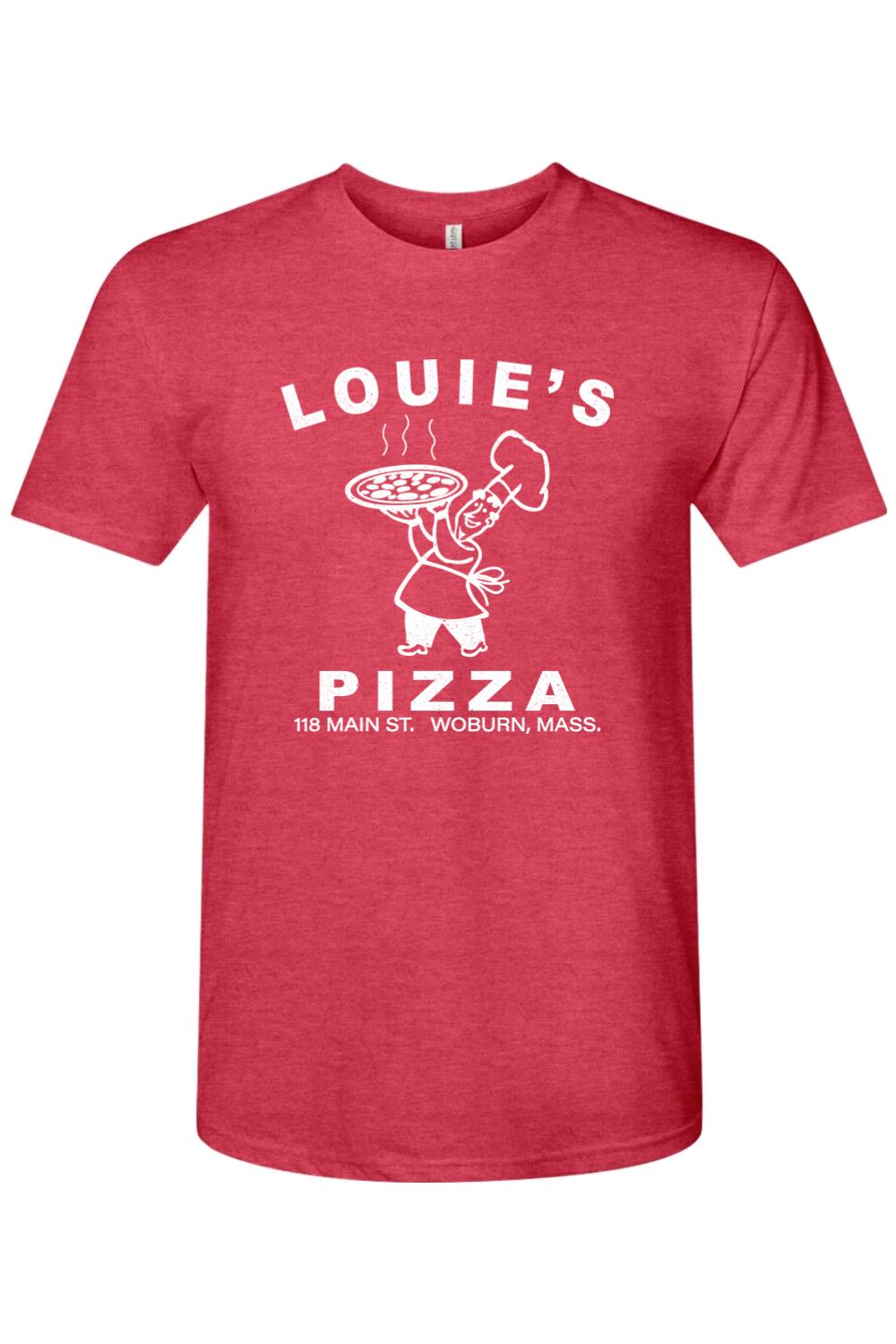 Red heathered triblend t-shirt featuring a white Louie's Pizza chef logo and text on the chest.
