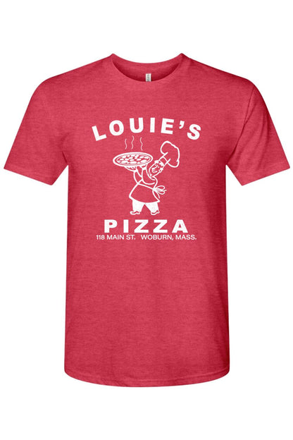 Red heathered triblend t-shirt featuring a white Louie's Pizza chef logo and text on the chest.