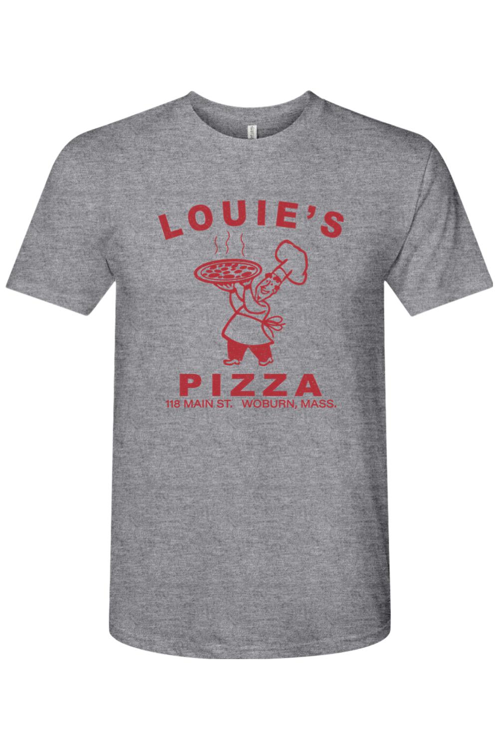 Grey heather triblend t-shirt featuring a red Louie's Pizza chef graphic and text on the chest.