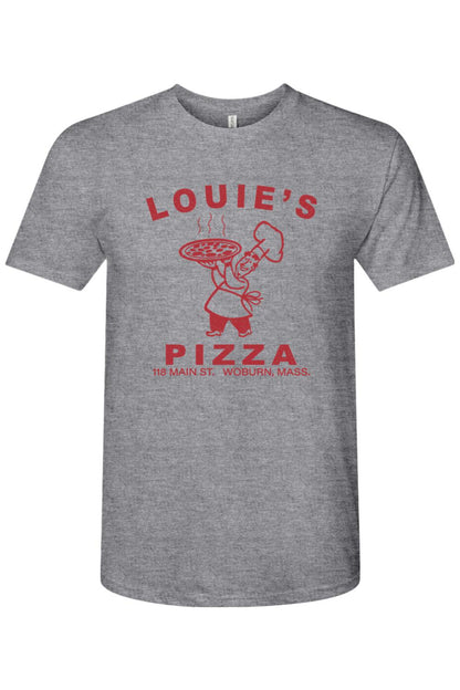 Grey heather triblend t-shirt featuring a red Louie's Pizza chef graphic and text on the chest.