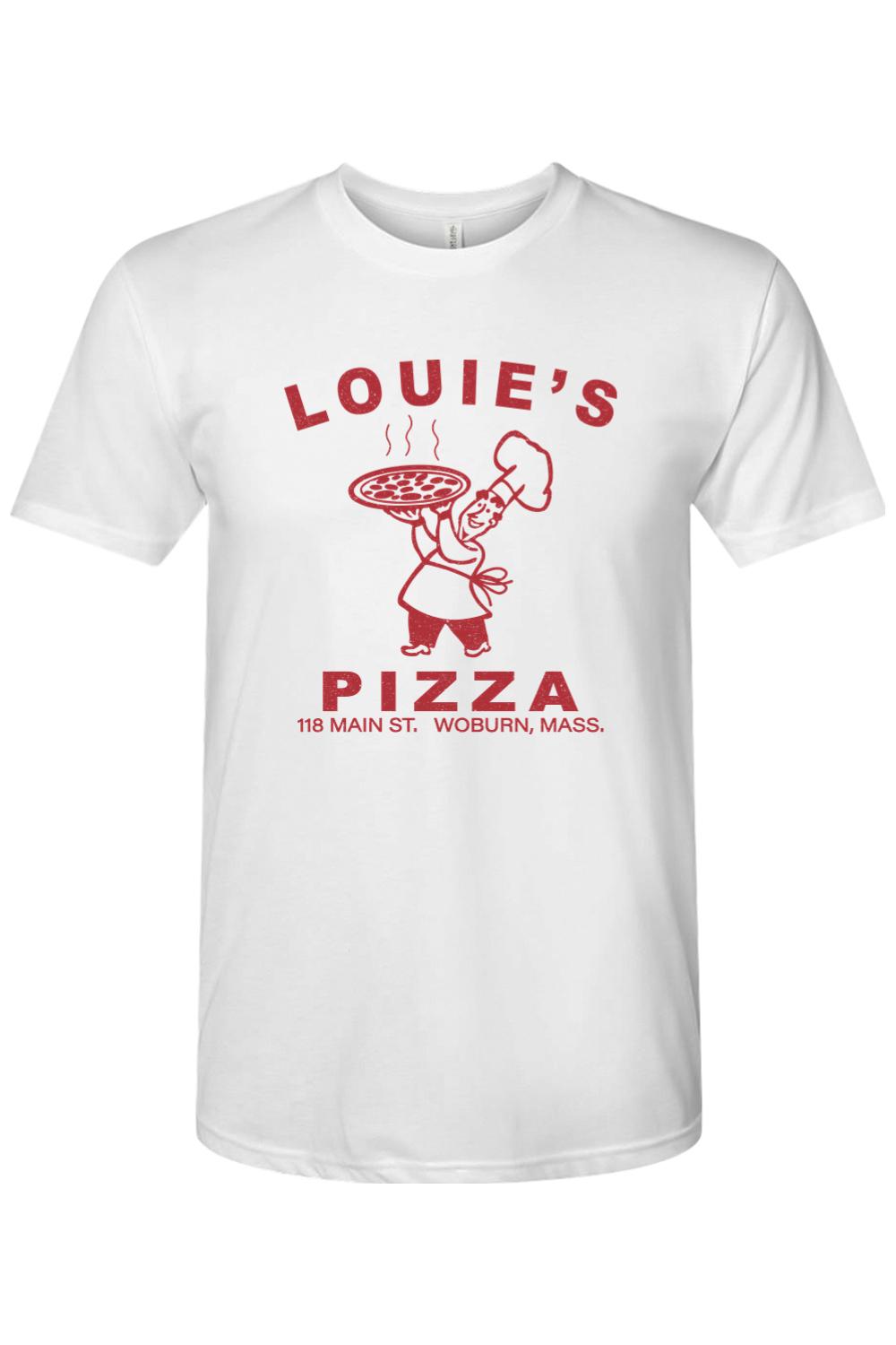 White triblend crewneck t-shirt featuring a red Louie's Pizza chef graphic on the chest.