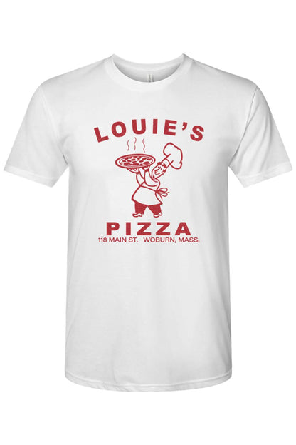 White triblend crewneck t-shirt featuring a red Louie's Pizza chef graphic on the chest.