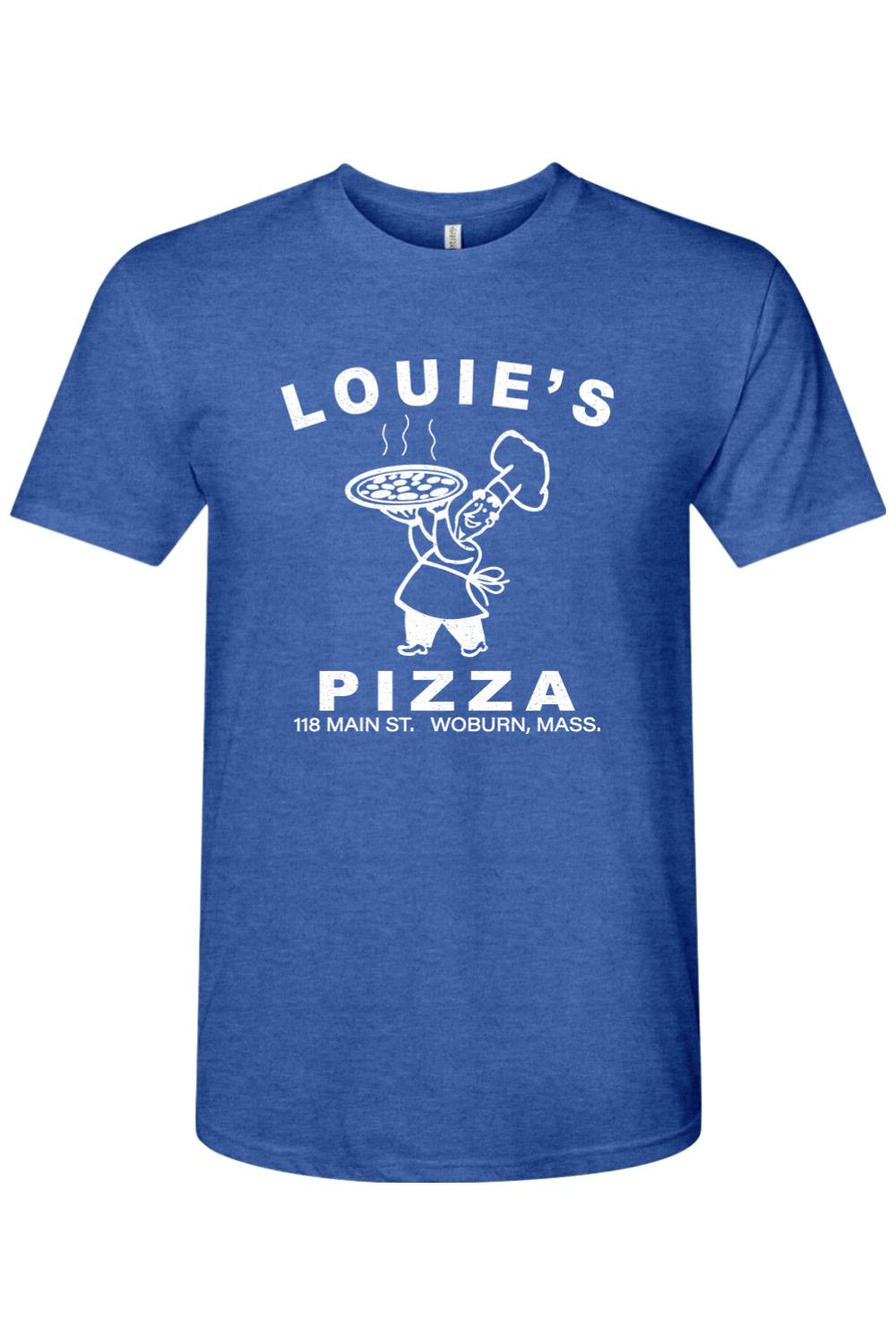 Blue triblend crewneck t-shirt featuring a white Louie's Pizza chef graphic on the front.