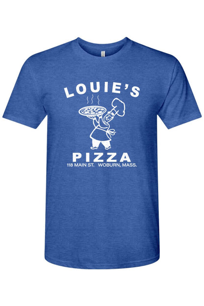 Blue triblend crewneck t-shirt featuring a white Louie's Pizza chef graphic on the front.