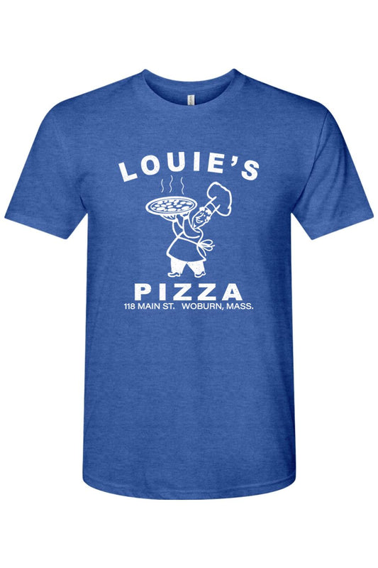Blue triblend crewneck t-shirt featuring a white Louie's Pizza chef graphic on the front.
