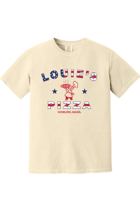 Cream-colored Comfort Colors cotton t-shirt featuring a patriotic Louie's Pizza logo with a chef graphic.