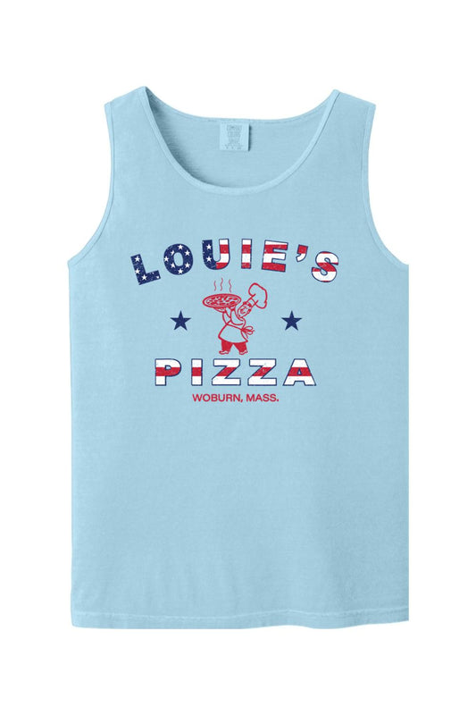 Light blue Comfort Colors cotton tank top with a red, white, and blue Louie's Pizza USA graphic print.