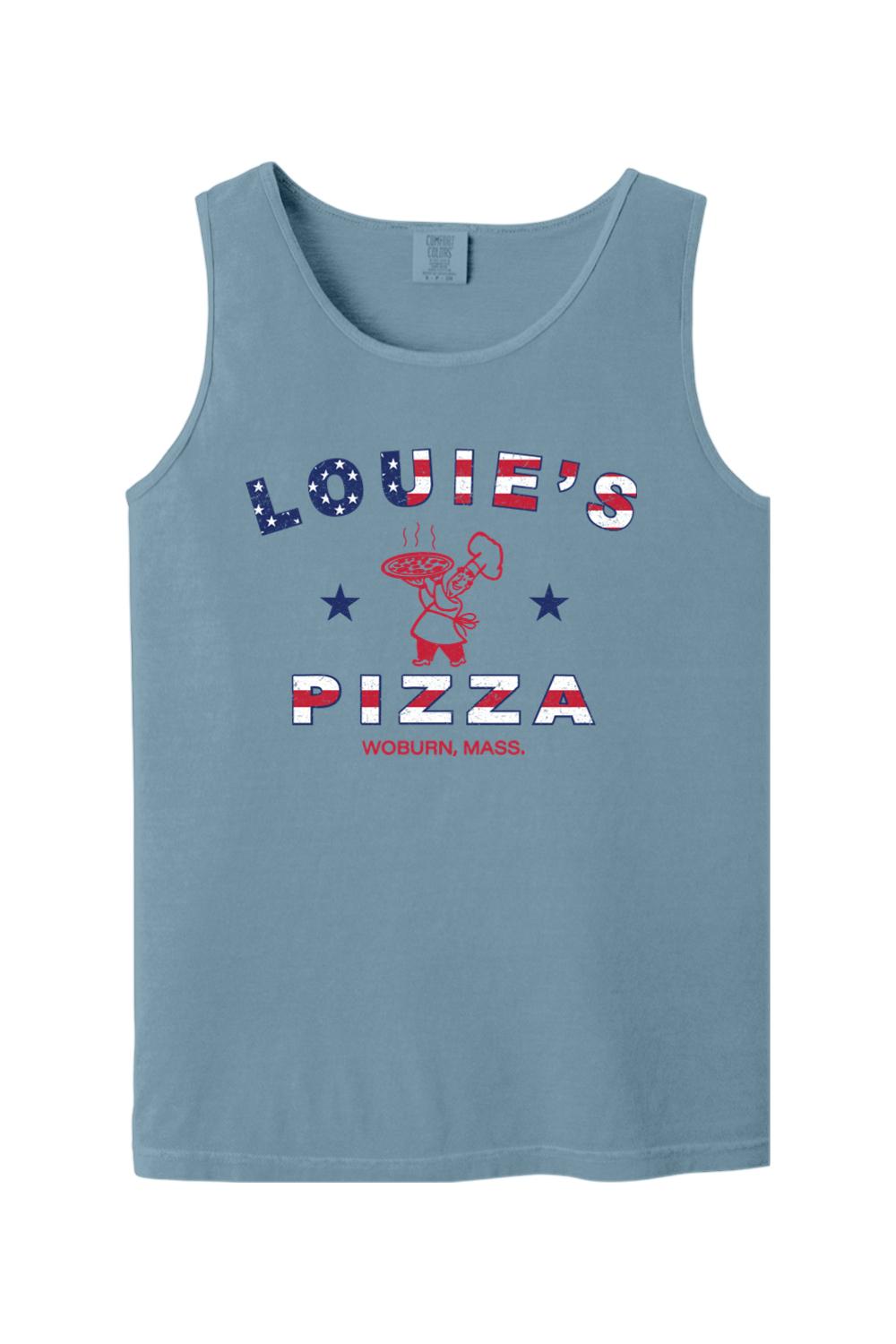 Blue Comfort Colors cotton tank top featuring a patriotic Louie's Pizza logo with stars and stripes graphic.