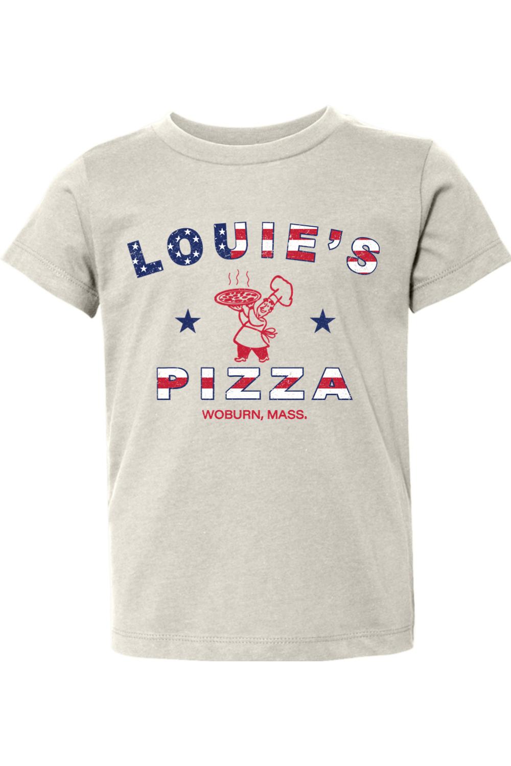 Toddler grey cotton t-shirt with a patriotic Louie's Pizza logo featuring stars and stripes and a chef graphic.
