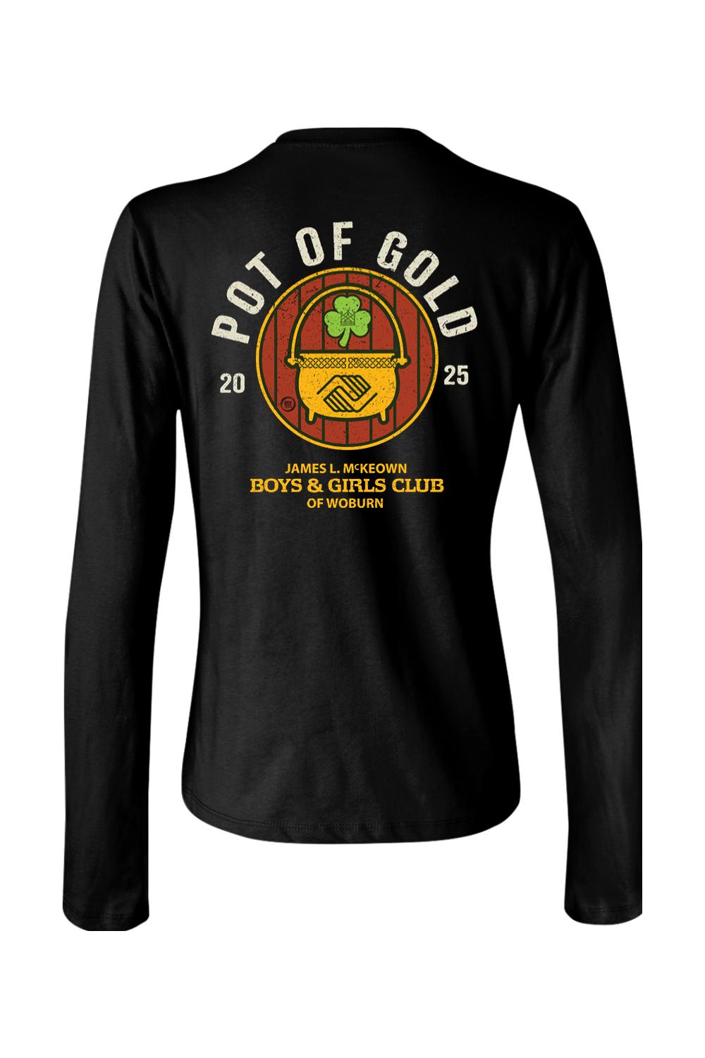 Black long-sleeve cotton women's t-shirt featuring a Pot of Gold 2025 graphic supporting the Boys & Girls Club of Woburn.