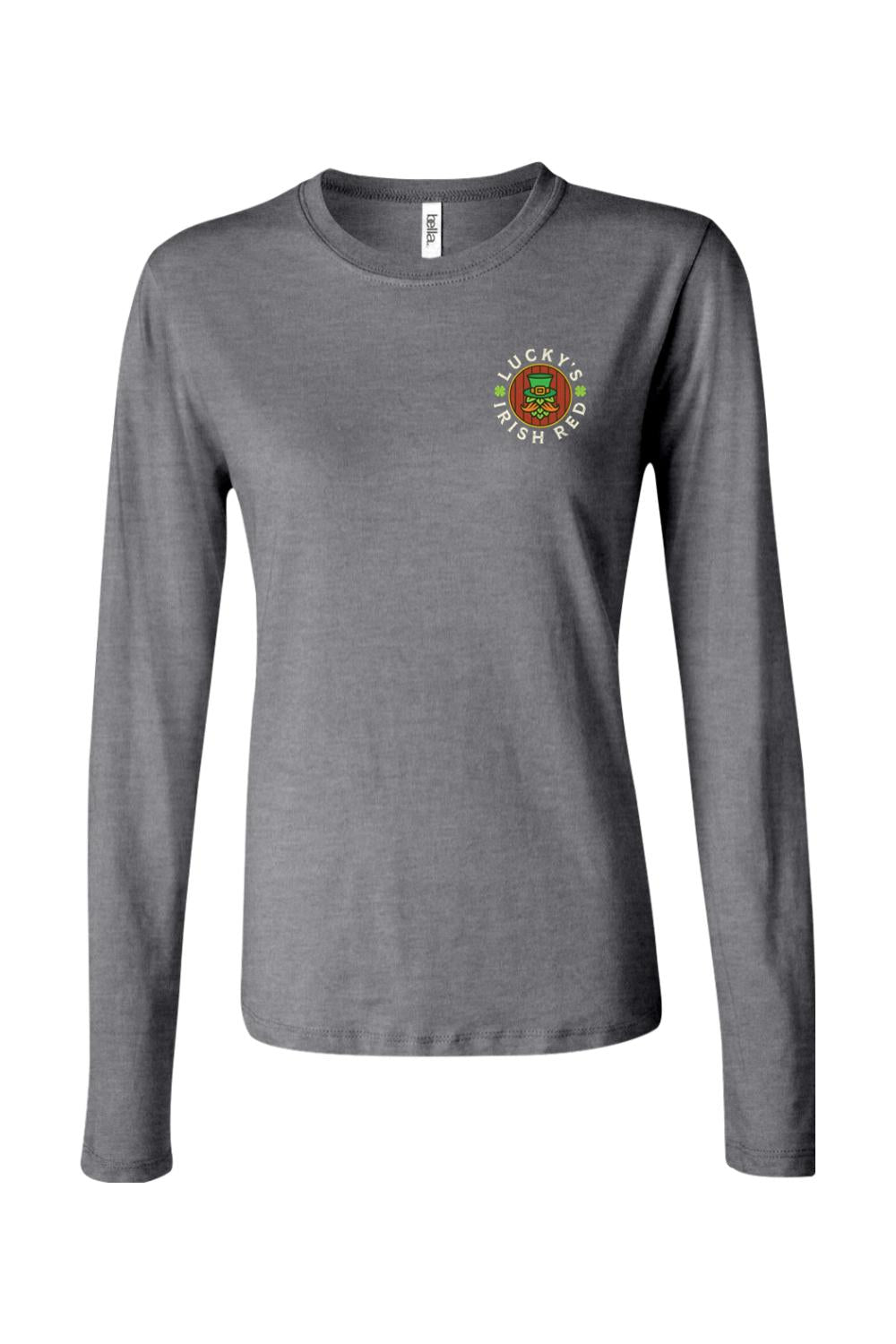 Women's heather grey long-sleeve cotton t-shirt with a Lucky's Irish Red logo on the left chest.
