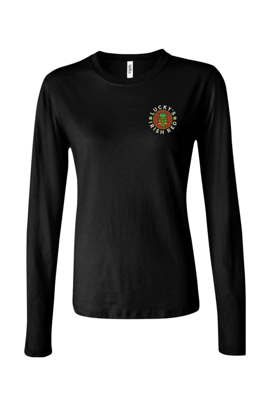Women's black long-sleeve cotton t-shirt featuring a Lucky's Irish Red logo on the left chest.
