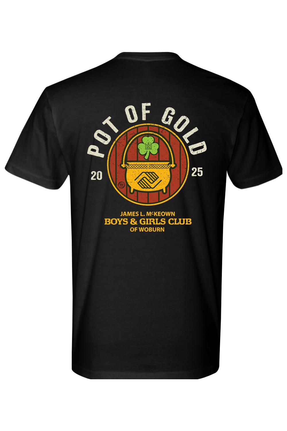 Black t-shirt featuring a Pot of Gold 2025 graphic with a shamrock and Boys & Girls Club logo on the back.