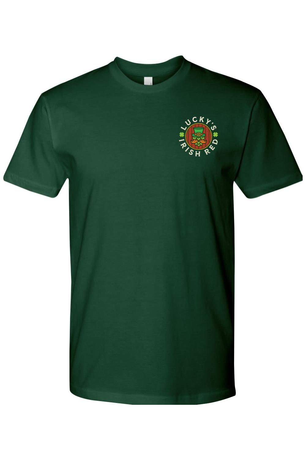 Dark green crew neck t-shirt featuring a Lucky's Irish Red logo with a leprechaun graphic on the left chest.