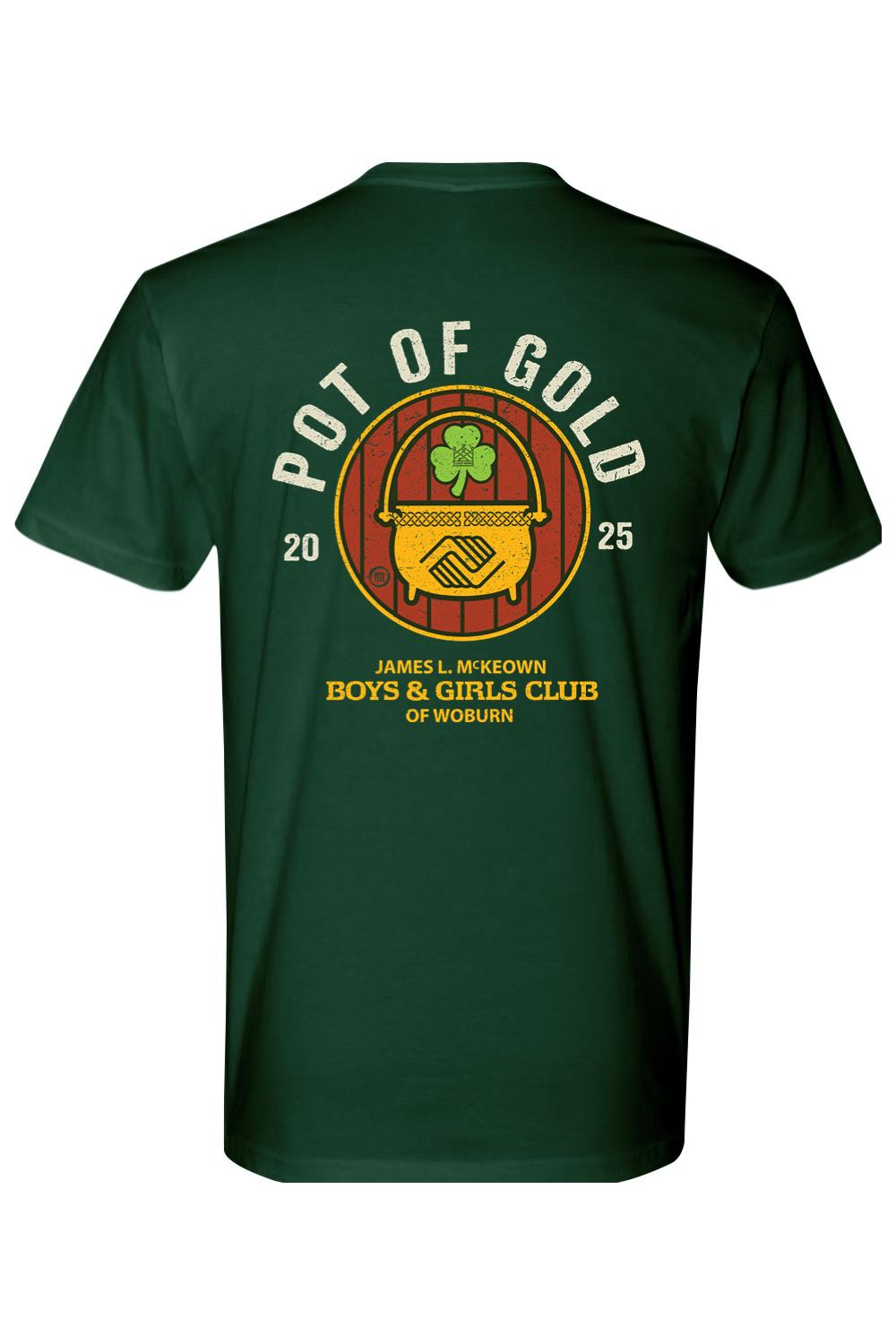 Dark green men's t-shirt featuring a Pot of Gold 2025 graphic with a shamrock and Boys & Girls Club logo on the back.