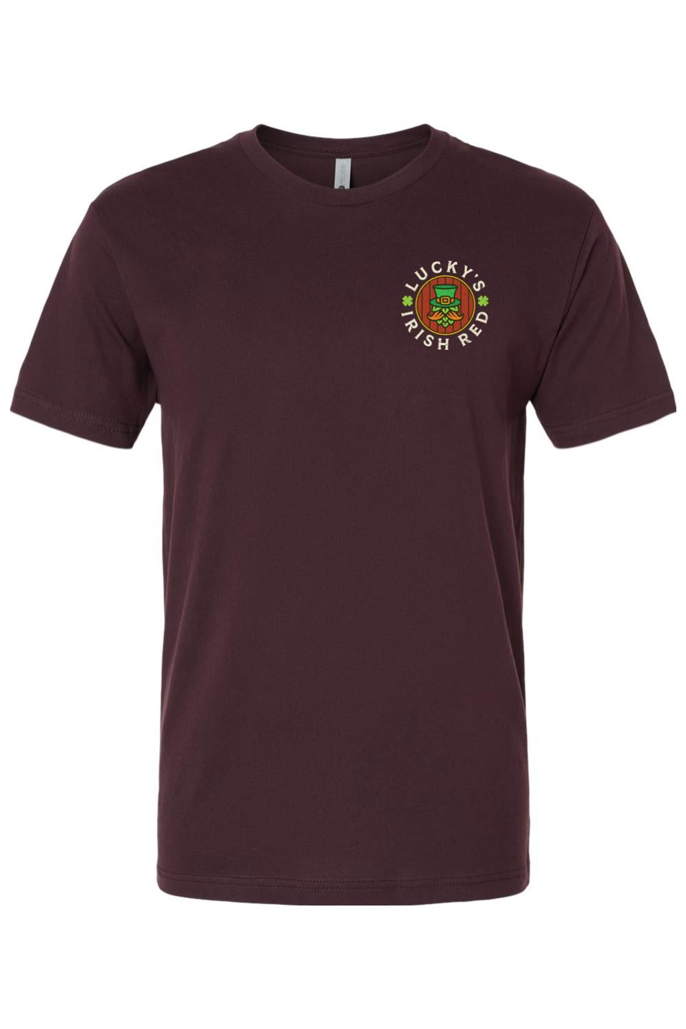 Maroon crewneck t-shirt featuring a Lucky's Irish Red leprechaun logo on the left chest.