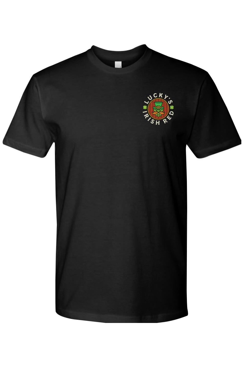Black crewneck men's t-shirt featuring a circular Lucky's Irish Red logo with a leprechaun graphic on the left chest.
