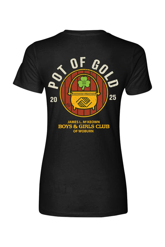 Black cotton women's t-shirt featuring a Pot of Gold 2025 graphic with a shamrock and Boys & Girls Club logo.