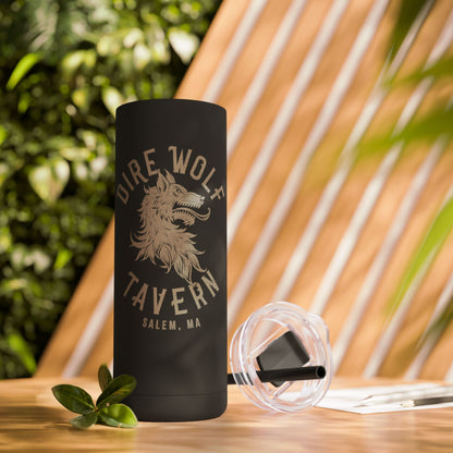 Matte black 20oz stainless steel skinny tumbler featuring a Dire Wolf Tavern logo with a matching straw and slide lid.