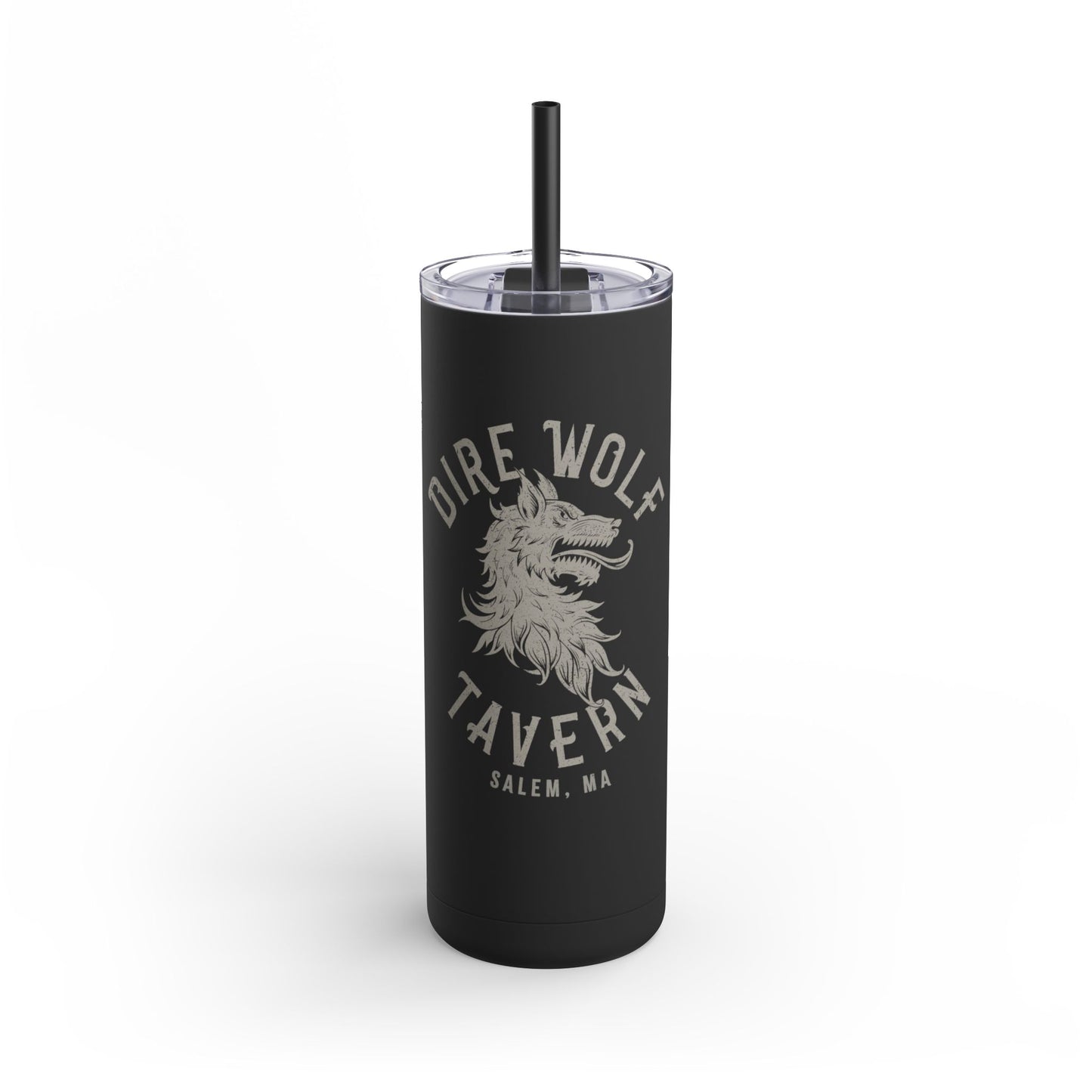 Matte black 20oz stainless steel skinny tumbler with Dire Wolf Tavern Salem, MA logo and matching black straw.