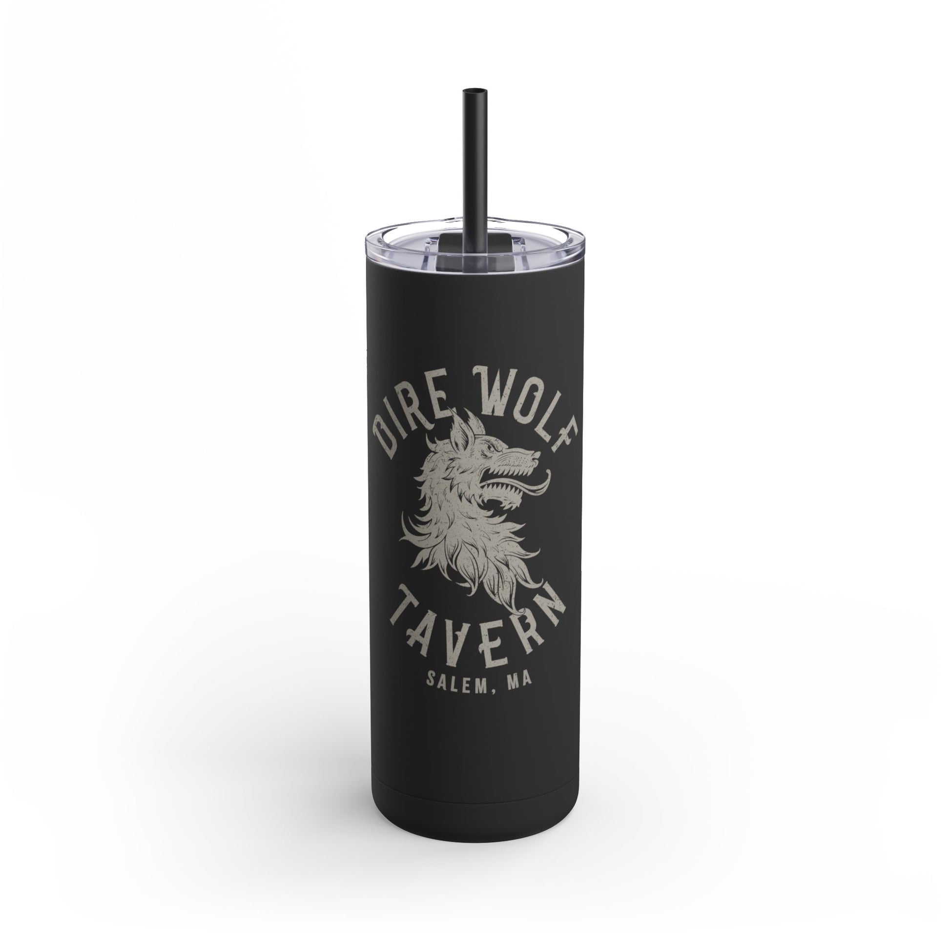 Matte black 20oz stainless steel skinny tumbler with Dire Wolf Tavern Salem, MA logo and matching black straw.