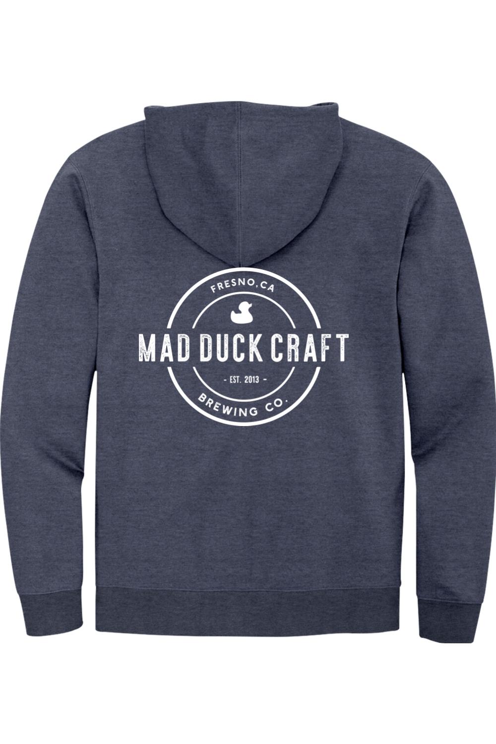 Navy blue heathered full-zip hoodie featuring a white Mad Duck Craft Brewing Co. logo on the back.