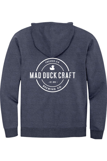 Navy blue heathered full-zip hoodie featuring a white Mad Duck Craft Brewing Co. logo on the back.