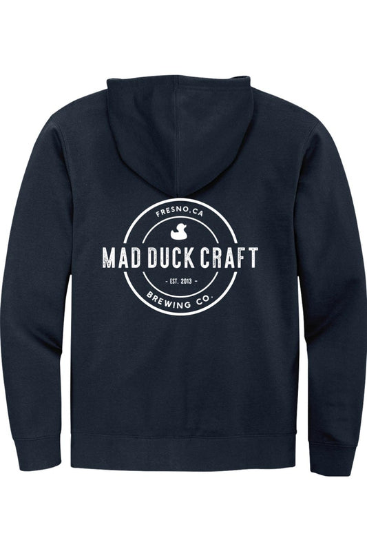 Navy blue full-zip hoodie featuring a white Mad Duck Craft Brewing Co. logo printed on the back.