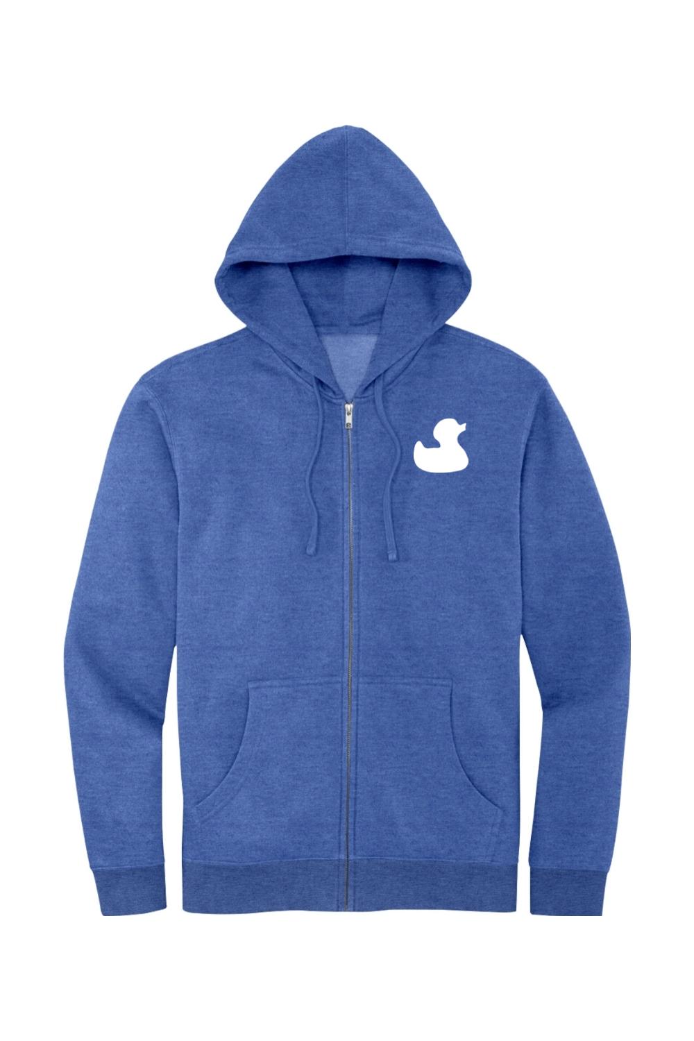 Blue heathered full-zip hoodie with a white duck logo on the chest, featuring a jersey-lined hood and front pockets.