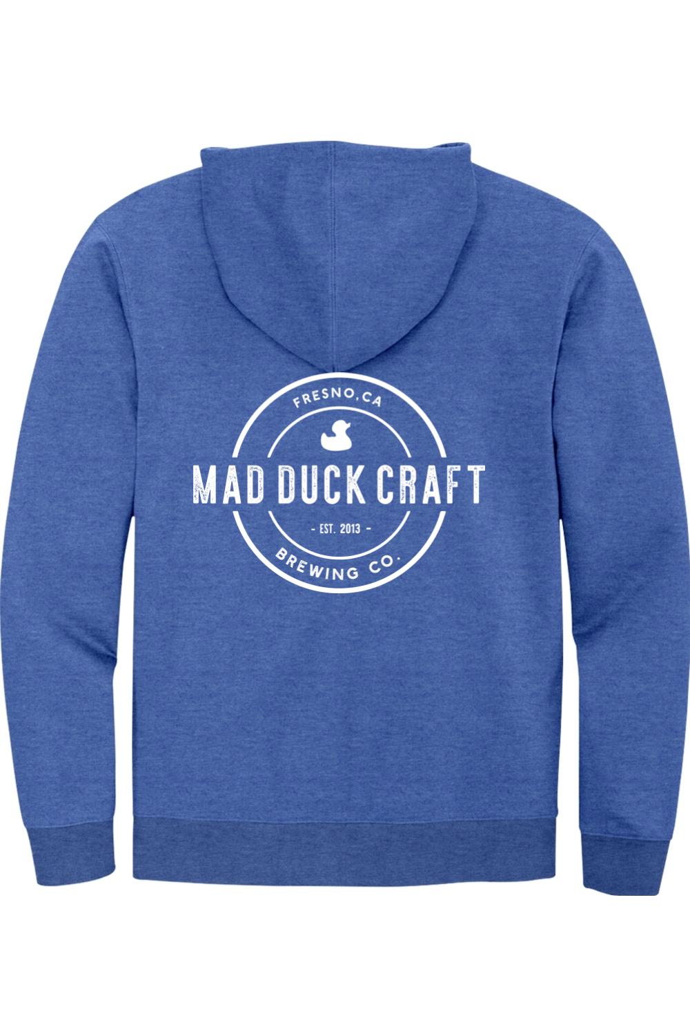 Blue heathered full-zip hoodie featuring a white Mad Duck Craft Brewing Co. logo on the back.