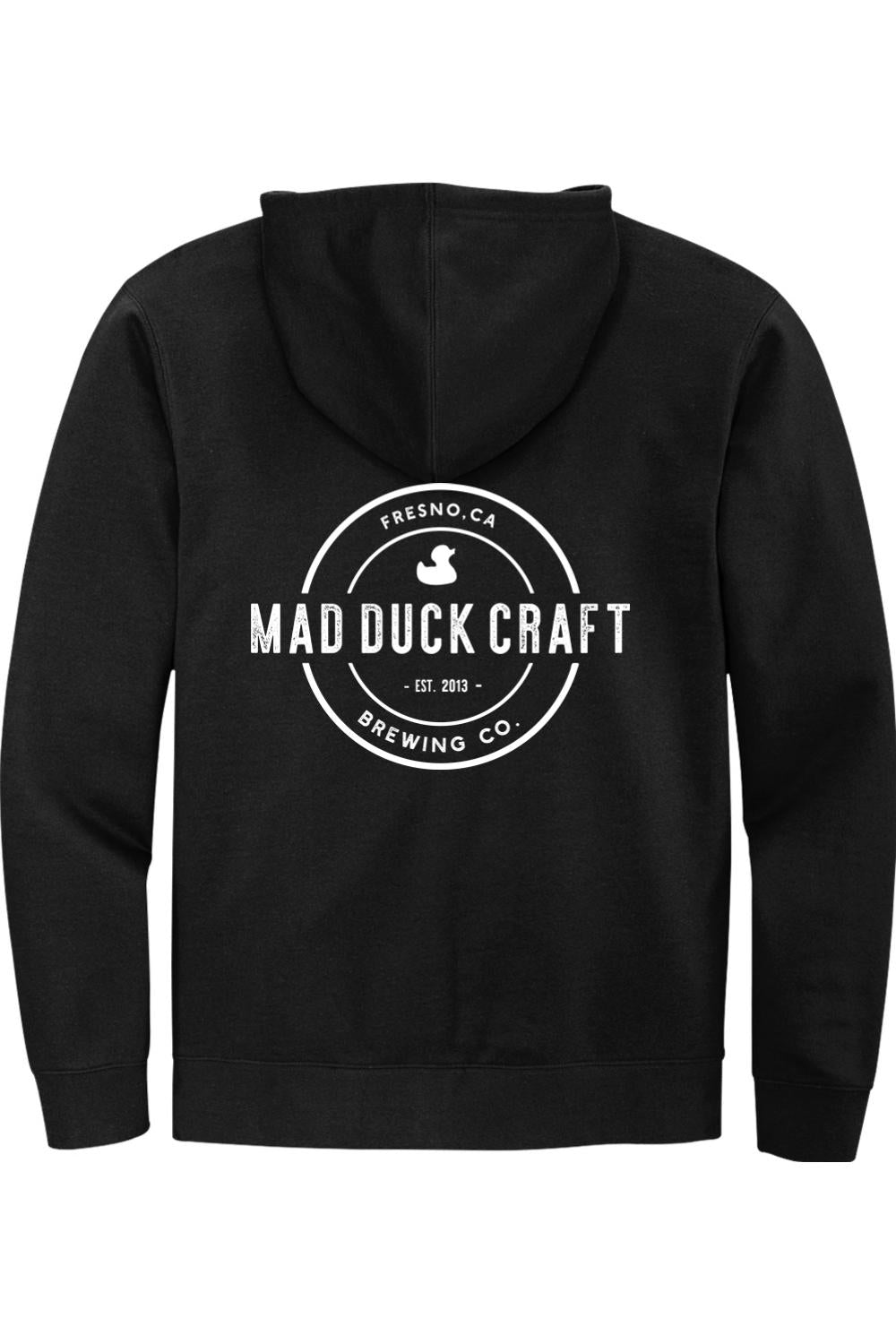 Black full-zip hoodie featuring a white Mad Duck Craft Brewing logo on the back with a jersey-lined hood.