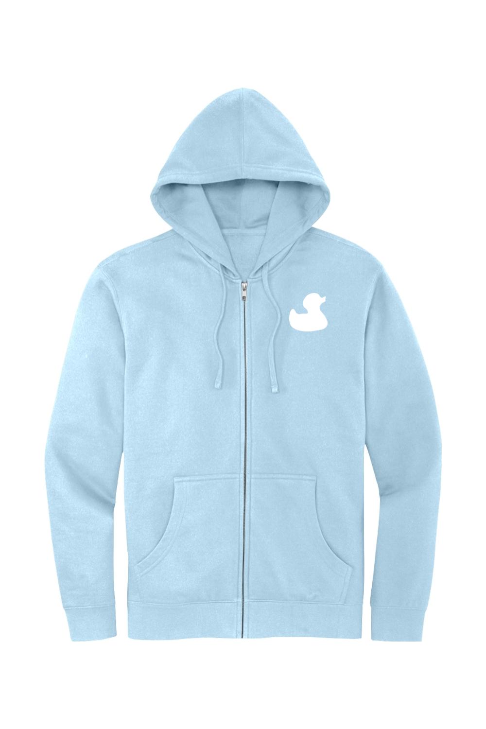 Light blue full-zip hoodie with a white duck logo on the chest, featuring a jersey-lined hood and front pockets.