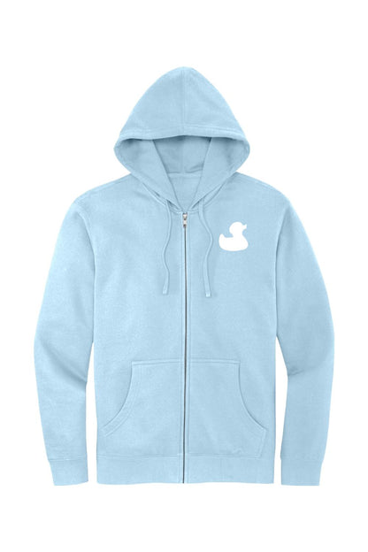 Light blue full-zip hoodie with a white duck logo on the chest, featuring a jersey-lined hood and front pockets.