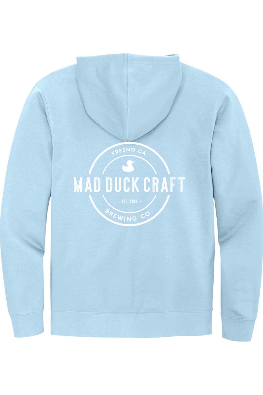 Light blue full-zip hoodie featuring a white Mad Duck Craft Brewing Co. logo printed on the back.