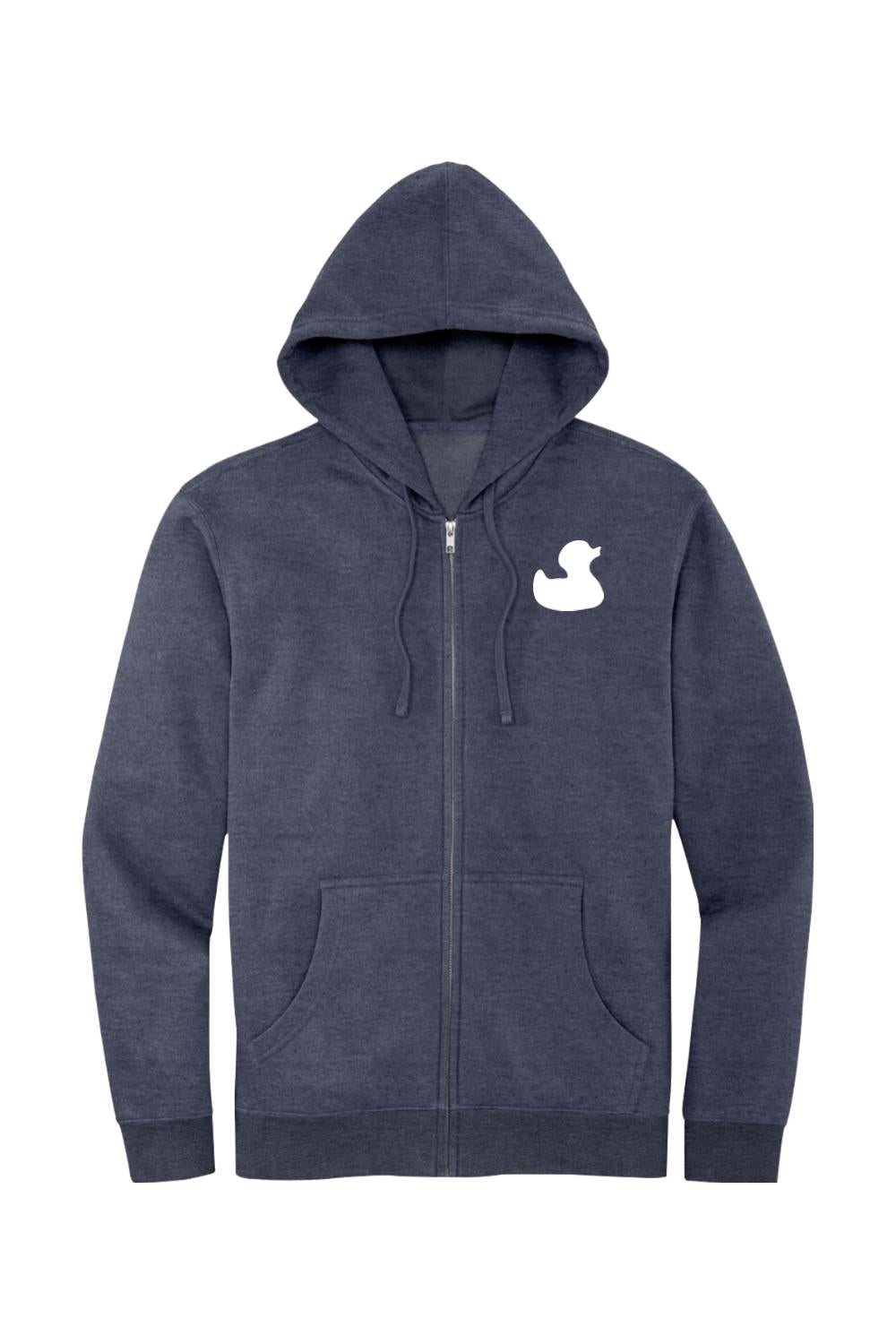 Heather navy full-zip hoodie with a white rubber duck logo on the chest and a jersey-lined hood.
