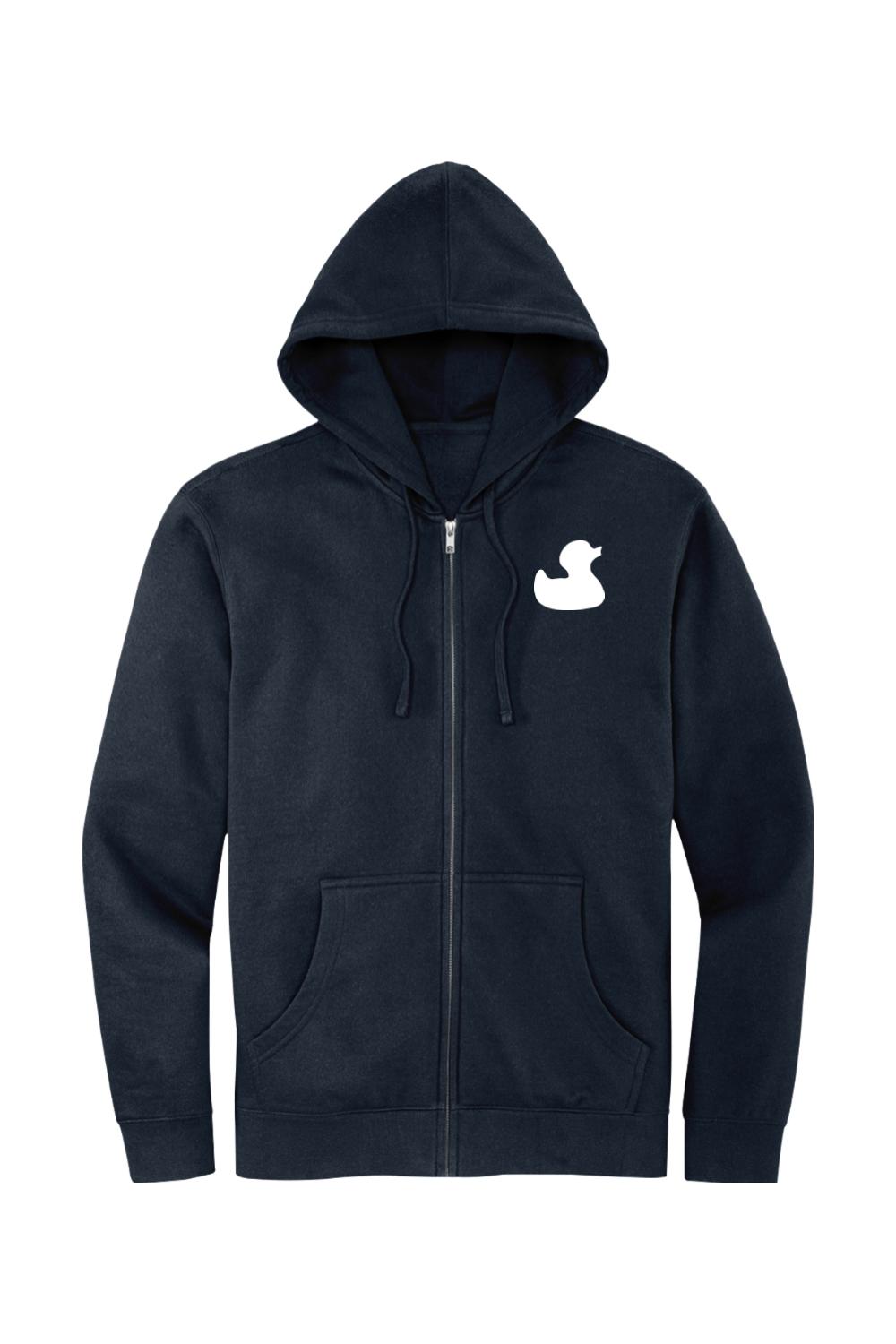 Navy blue full-zip hoodie with a white rubber duck logo on the chest, featuring a jersey-lined hood and front pockets.