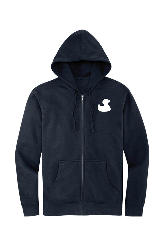 Navy blue full-zip hoodie with a white rubber duck logo on the chest, featuring a jersey-lined hood and front pockets.