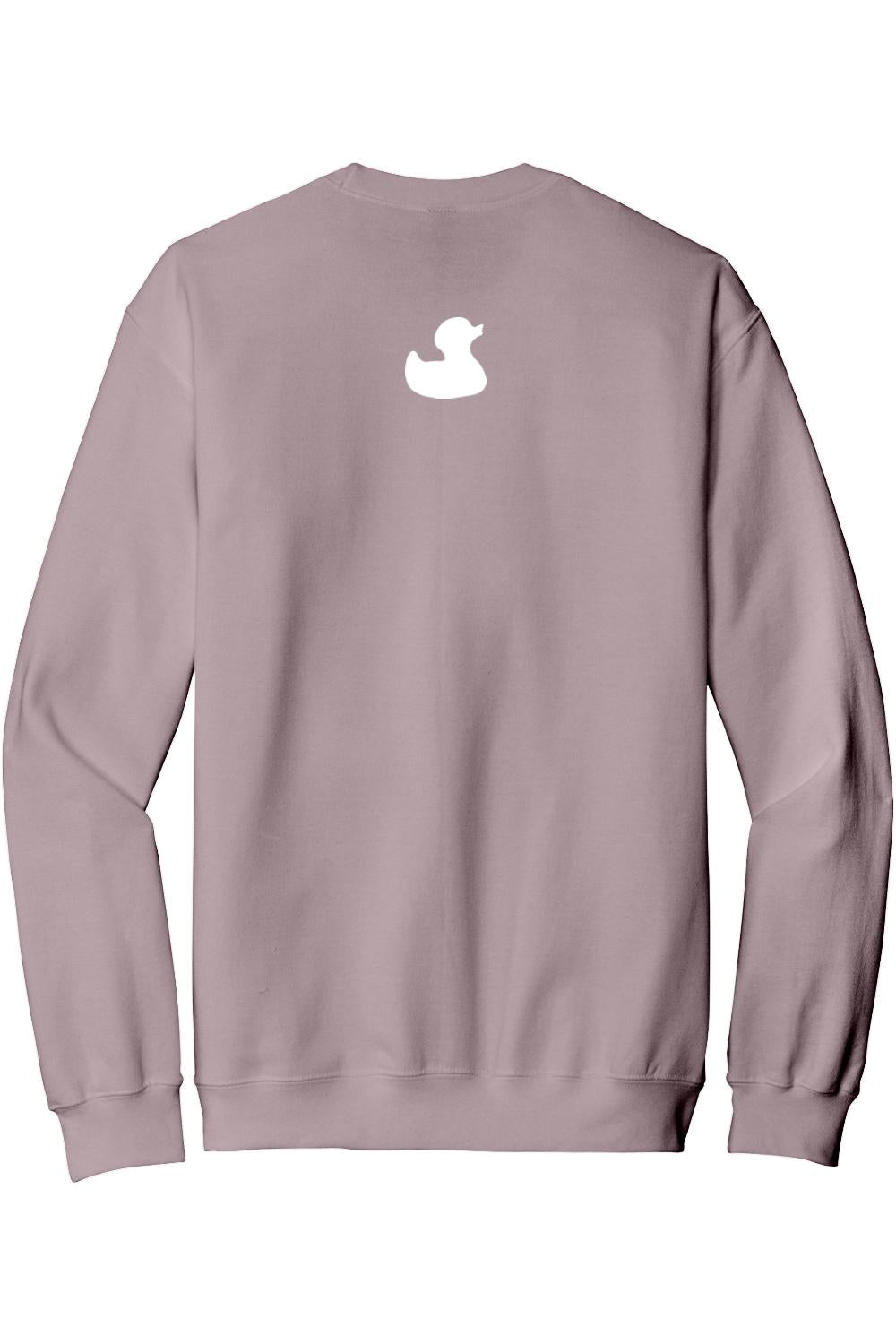 Mauve crewneck sweatshirt featuring a white duck logo on the back, made from soft cotton blend fabric.