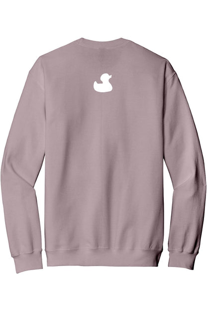 Mauve crewneck sweatshirt featuring a white duck logo on the back, made from soft cotton blend fabric.