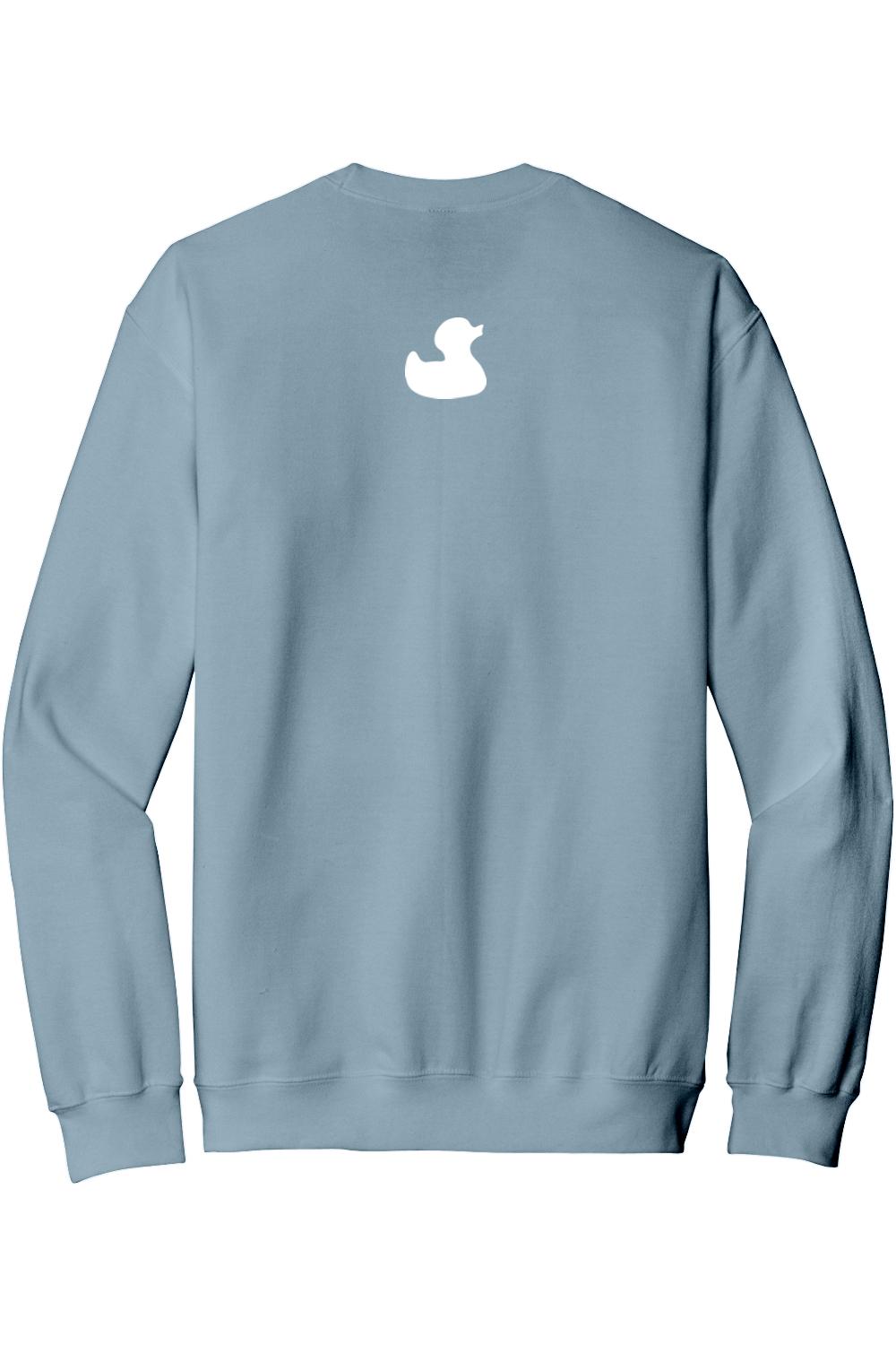 Light blue crewneck sweatshirt featuring a white Mad Duck logo graphic on the upper back.